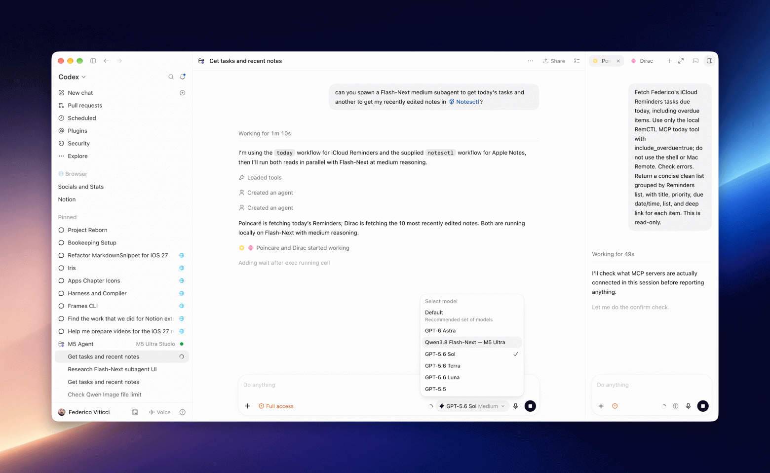 Локальные субагенты работают в Codex на Mac Studio M5 Ultra.  